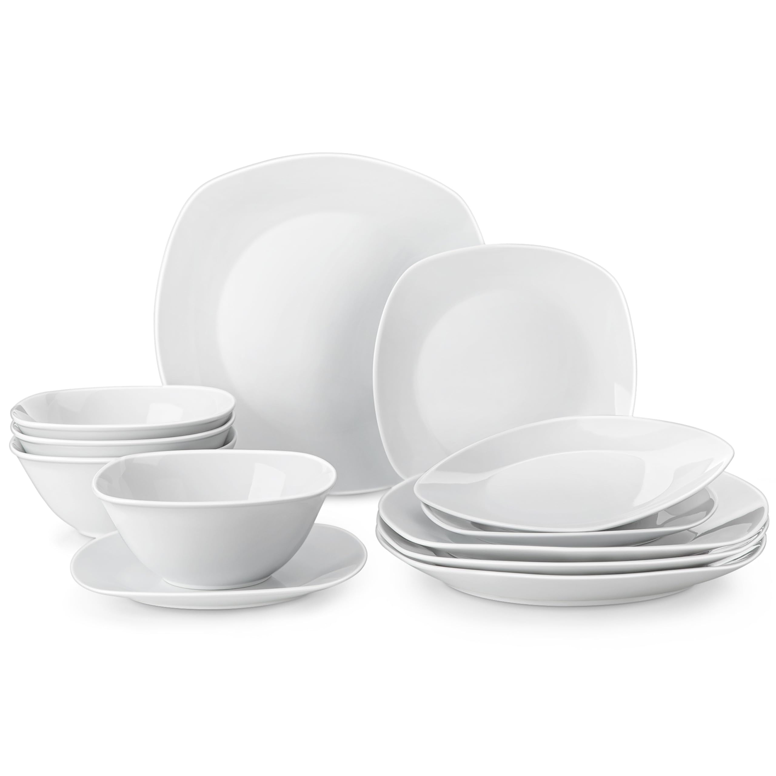 MALACASA Dinner Set for 4, 12 Pieces Porcelain Plates and Bowls Set, Gray White Ceramics Dinnerware Sets, Chip and Scratch Resistant Dishes Set Square Crockey Sets, Series Elisa