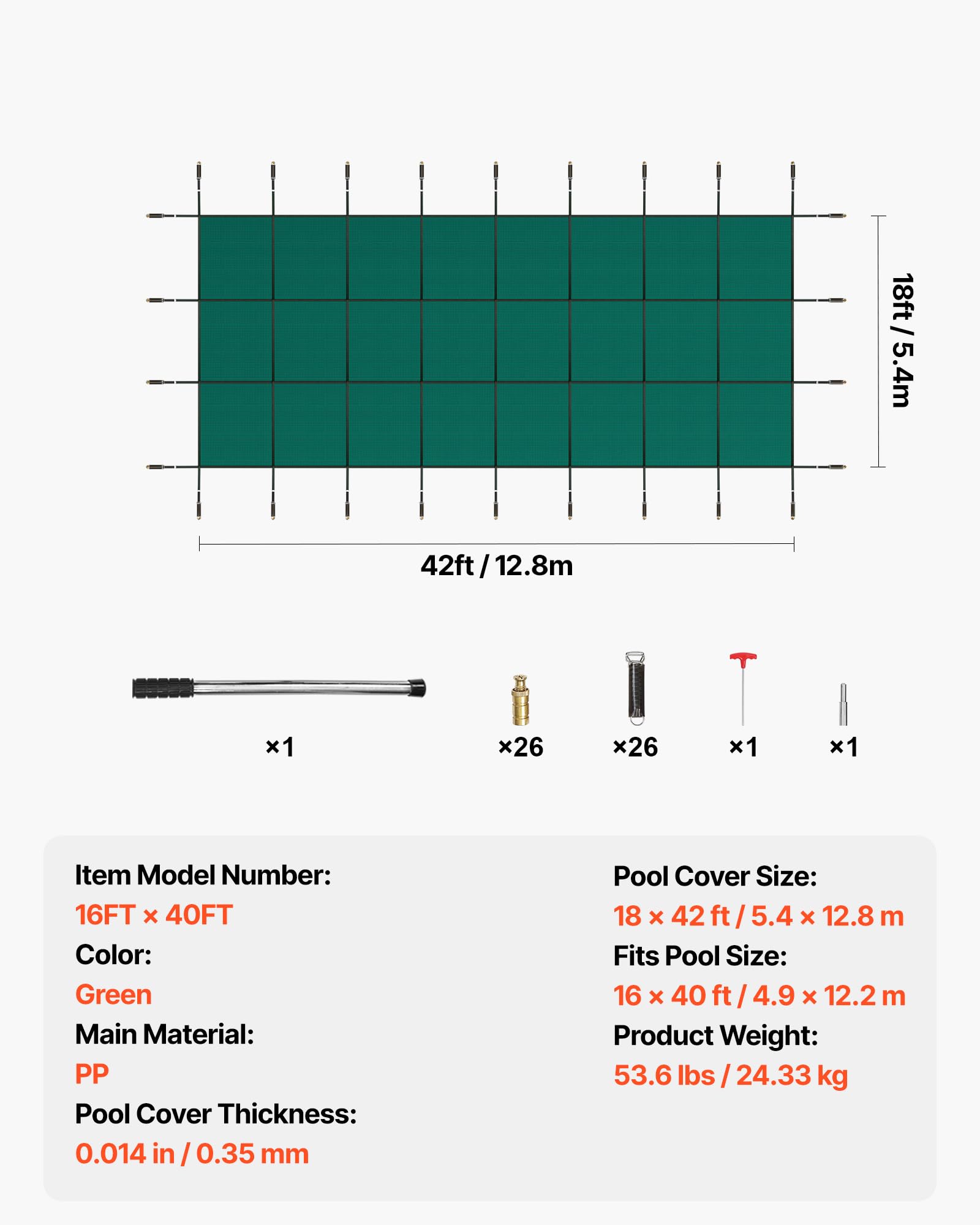 VEVOR Couverture de sécurité pour Piscine 4,9 x 12,2 m, Couverture de Piscine enterrée adaptée au matériau PP, Couverture de sécurité rectangulaire pour Piscine enterrée Verte, Couverture de sécurité