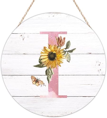 Miniatura 7 de BESTORLOVE Letrero de bienvenida para pared letra inicial E letreros redondos de madera rosa monograma girasol placa de madera floral flores campo
