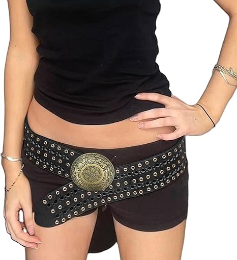 Seyumixi Women Western Vintage Metal PU Leather Belt Grommet
