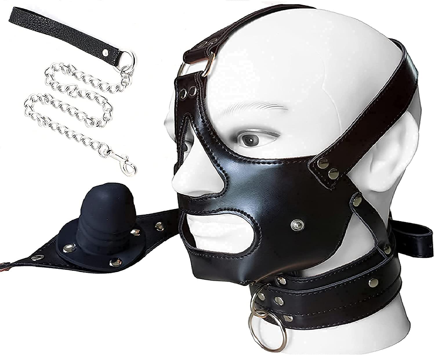 MFMYEE Masque de Jouet Sexuel SM Réglable avec Gode Bouche Gags, Retenue de Capuche en Cuir, Convient aux Couples, aux Hommes et aux Femmes Fétiches, Carnaval Halloween