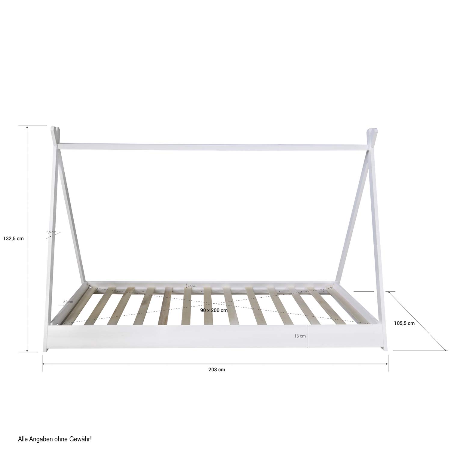Homestyle4u Tipibett Kinderbett 90x200 Bodenbett mit Sternenzelt | Montessori Holzbett für Kinder, Kiefernholz weiß, abnehmbares Baumwollzelt grau mit Sternen, inkl. Lattenrost