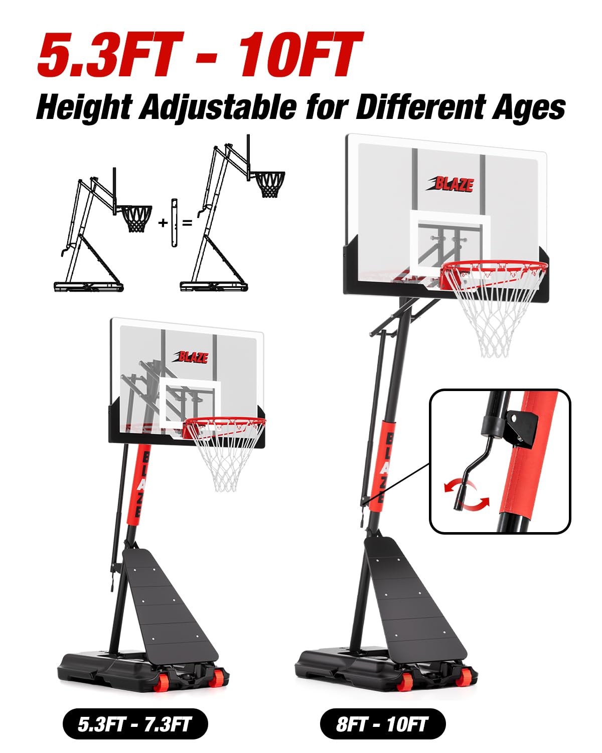 Mayfire Basketball Hoop Height Adjustable 5.3-10ft: Portable Outdoor Basketball Goal System for Kids, Teens & Adults in Backyard & Driveway with 45 Inch Shatterproof Backboard