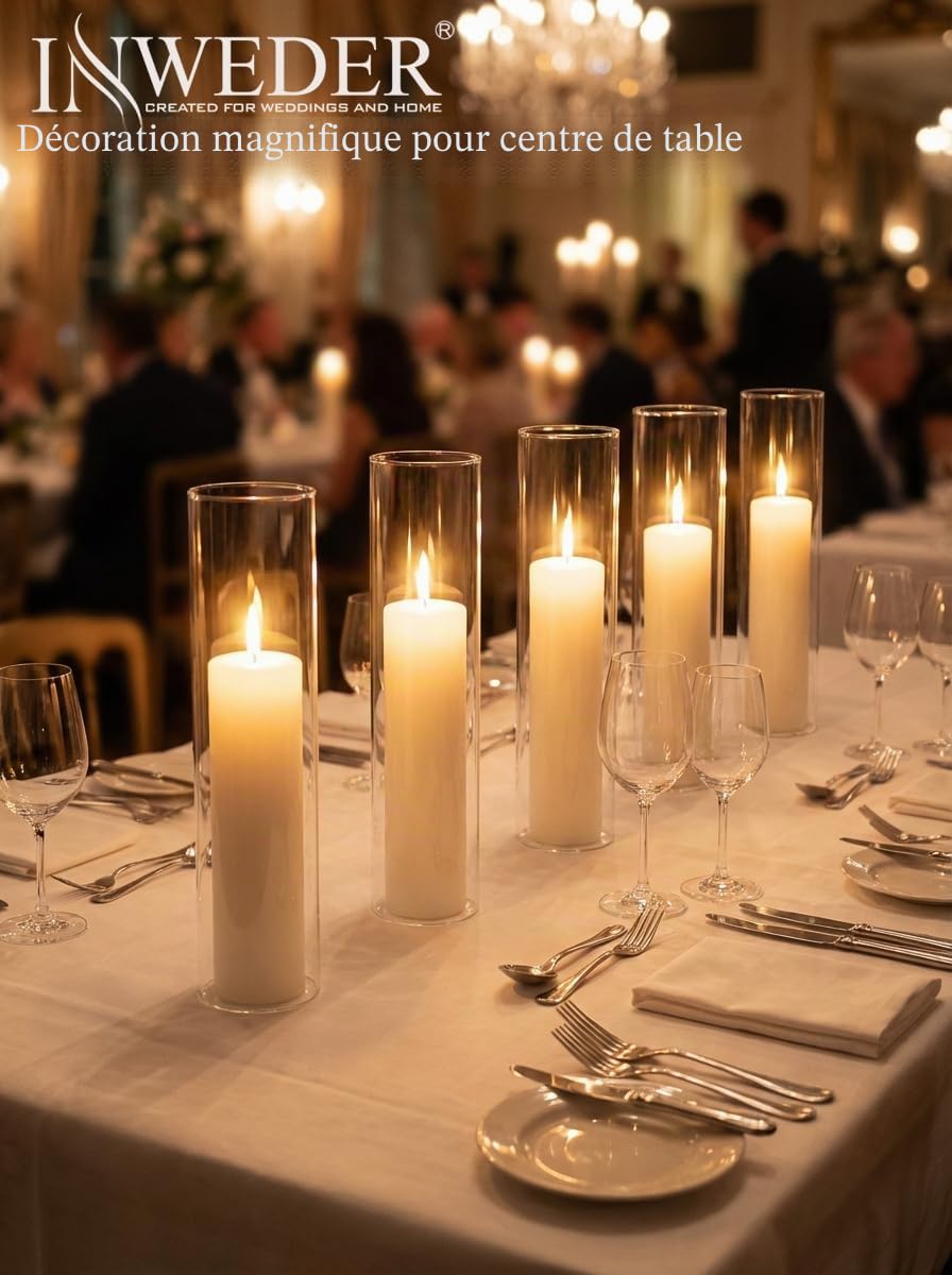 Bougeoirs Cylindrique en Verre Transparent: 6,5 x 30,5 cm Porte-Bougies Ouragan Clair Lot de 6 Covercle Tube Cylindres pour Noël Mariage Centre de Table Fête Cheminée