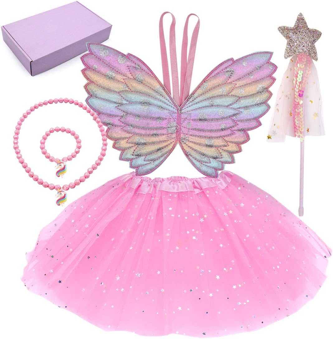 4 Pcs Dress up Clothes for Little Girls Princess dress up Fairy Costume Set Pink