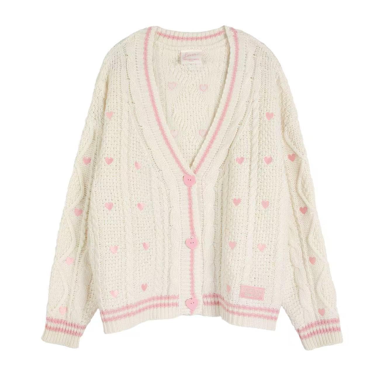 Heart Pattern Knit Cardigan for Women V Neck Button Down Sweet Soft Valentines Sweater Retro Long Sleeve Outwear