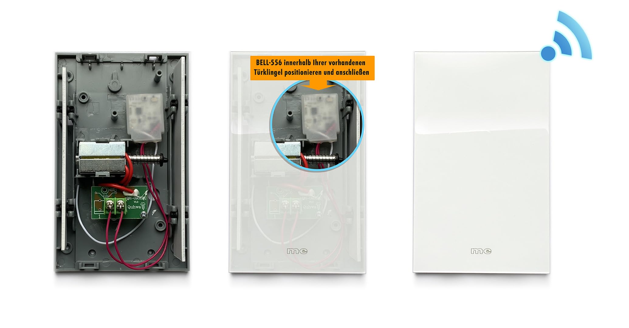 m-e Bell 55621 Funk Klingel Weiterleitung, Einbau in Klingelleitung oder Gehäuse Türklingel Erweiterung auf batteriebetriebenen Funkempfänger