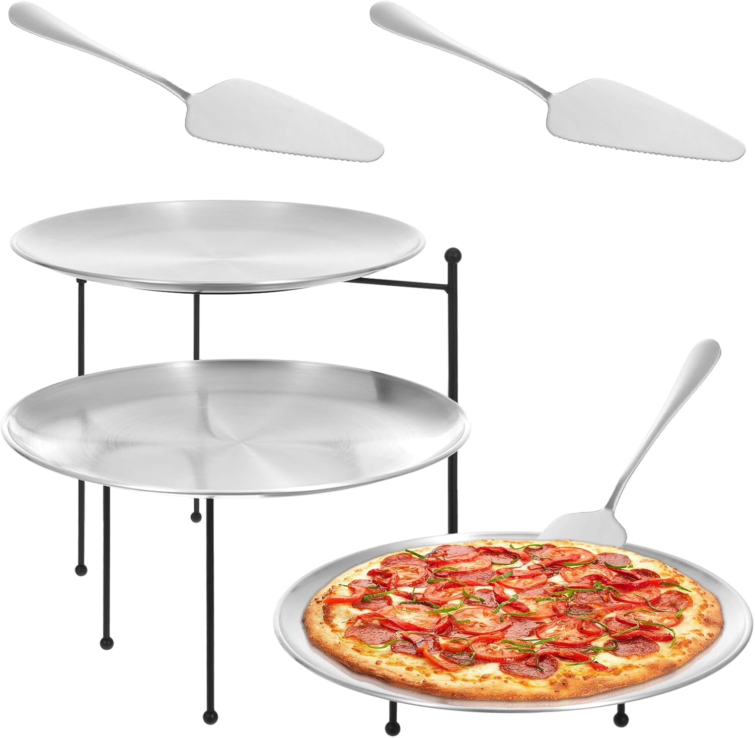 Pizza Stands Tiered Serving Tray Stand Sets Includes 1 Pcs Tiered Tray Stand 3 Stainless Steel Pizza Pan and 3 Pizza Servers Pie Cupcake Dessert Cheese Party Restaurant