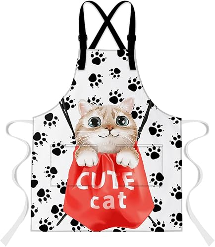 Delantal de gato lindo de 33.4 pulgadas de largo x 27.5 pulgadas de ancho, diseño moderno de animales de compañía y estampado de huellas de patas,