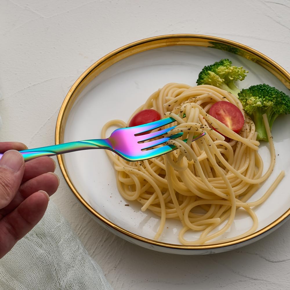 Rainbow Dinner Fork Set, 7.8-inch Stainless Steel Flatware Forks, Shiny Rainbow Metal Table Forks Silverware, Set of 6