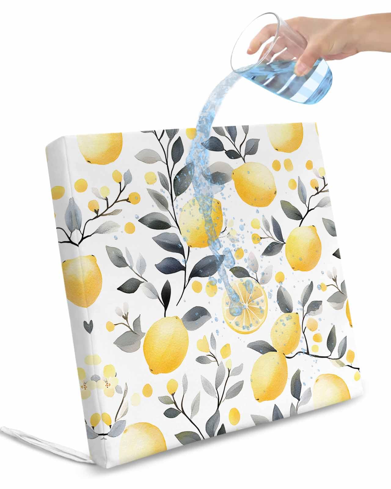 2 Pack Summer Lemon Waterproof Cushion Covers with Ties, Outdoor Patio Chaise Lounge Chair Seat Cushion Slip Covers Replacement(Only Cover) Botanical Yellow Fruits Grey Leaf 22