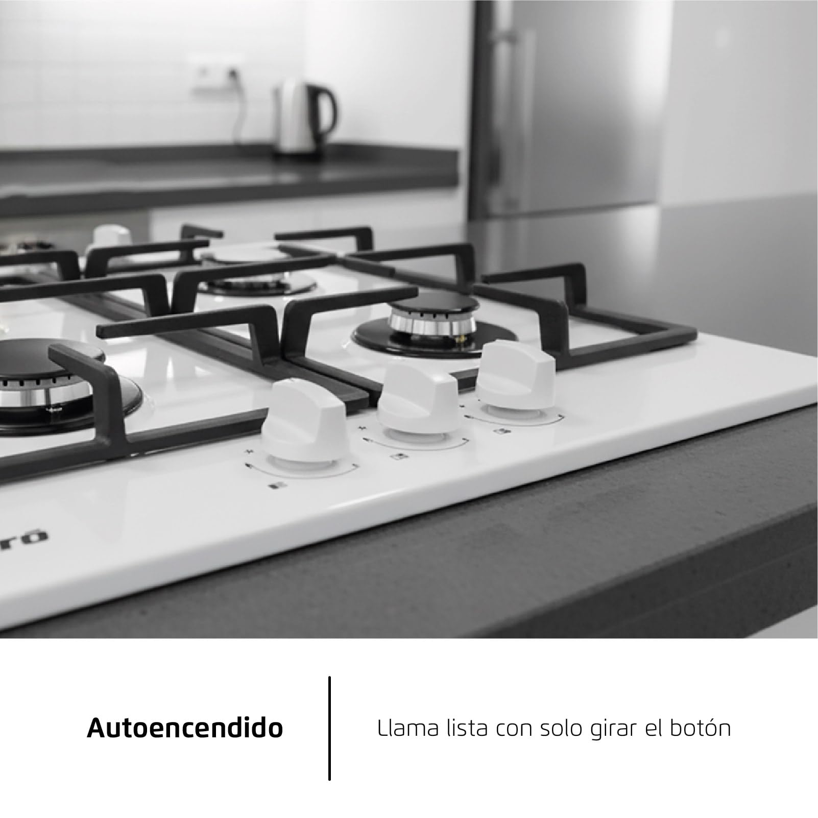 Corberó - Plaque gaz butane 60 cm | CPCGM3F3126W | Puissance 6,05 kW | 3 zones | Zone Wok | Auto-allumage | Couche de protection Clean+ | Arrêt automatique | Verre blanc