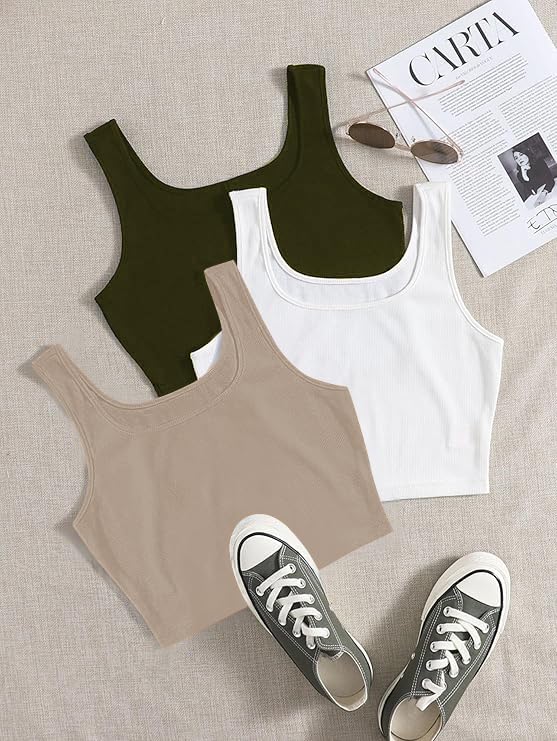 Image of Toochki Women's Knitted Sleeveless Solid Sqaure Neck Ribbed Tank & Crop Tops (Pack of 3)
