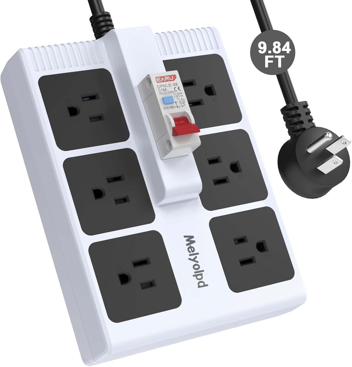 GFCI Power Strip 9.84 FT 14 Gauge Heavy Duty Extension Cord, 6 Outlet 15A/1875W Surge & Leakage Protection for Workshop Garage Indoor, White