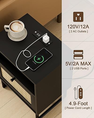 Miniatura 3 de Mesita de noche de ratán con estación de carga, mesita de noche moderna de mediados de siglo, mesita de noche de madera bohemia con almacenamiento y