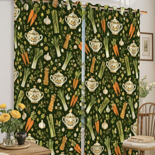 Rideaux occultants verts 132x160cm au motif rustique carotte et poireau - 3