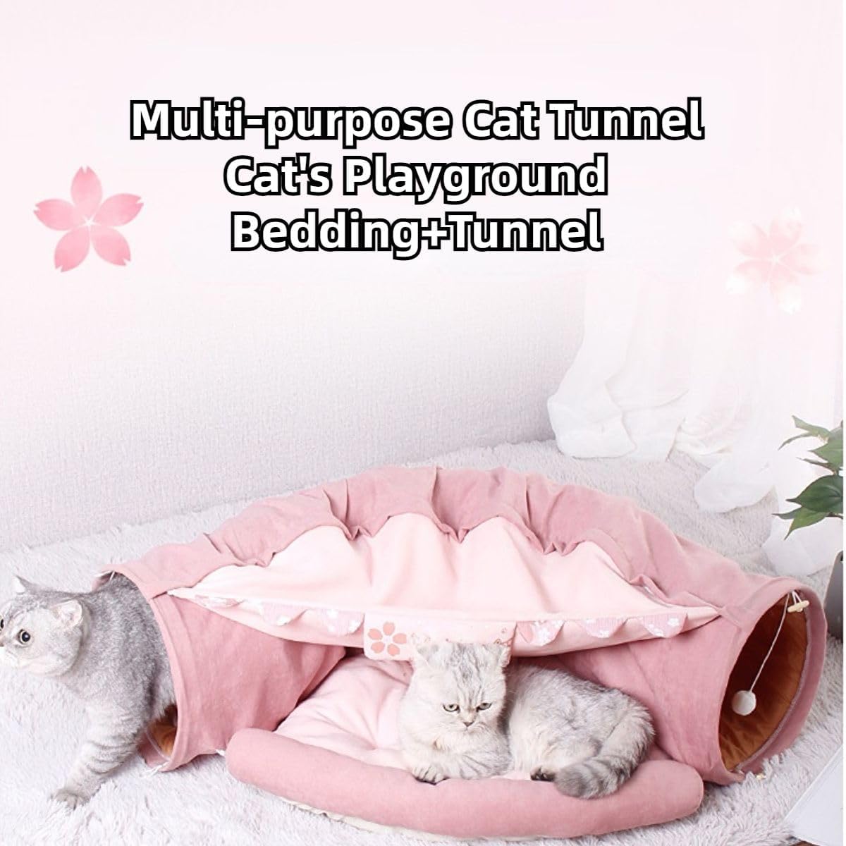 2 in 1 Cat Tunnel Bed Tube with Cushion and Plush Ball Toy Playground Crinkle Collapsible for Large Cats Kittens Kitty Puppy Small Dog Foldable Soft Pet Play Bed Indoor Outdoor (Yellow)