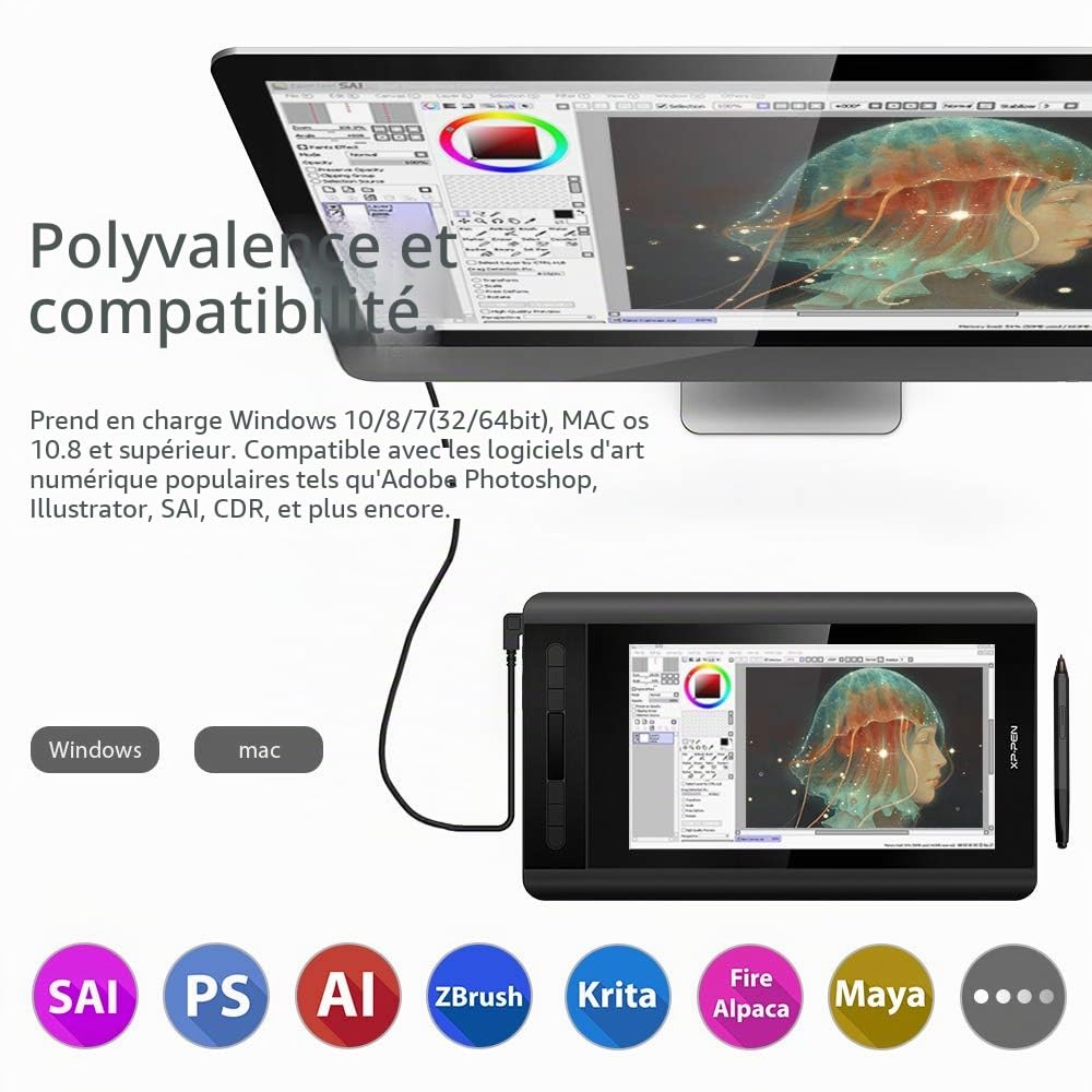 XP-Pen Artist 12 Tablette Graphique avec Ecran 11.6 Pouces à Stylet Passif 8192 Niveaux Acompagnée avec 6 Raccourcis et 1 Barre Tactile - Compatible avec Windows et Mac