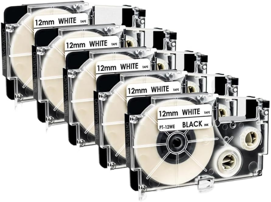 ラベルメーカーテープ 5-20PK XR-12WE 黒地に白 12mm KL-60 KL-120 ラベルプリンターと互換性あり(5P