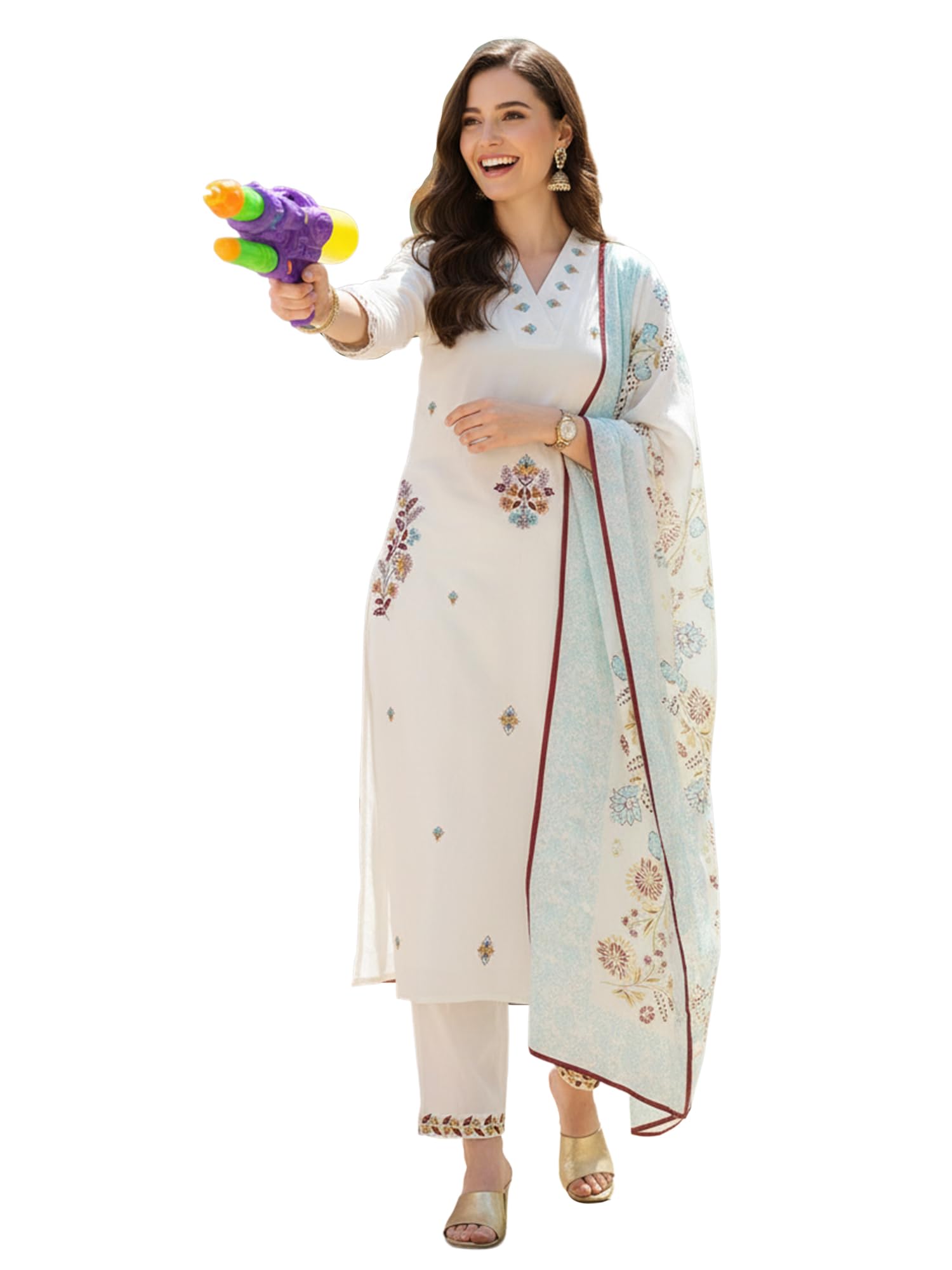 indo era Women's Pure Cotton Floral Embroidered Calf Length Straight V-Neck Kurta & Pant with Dupatta Set (HOLAI10878)-picture-36
