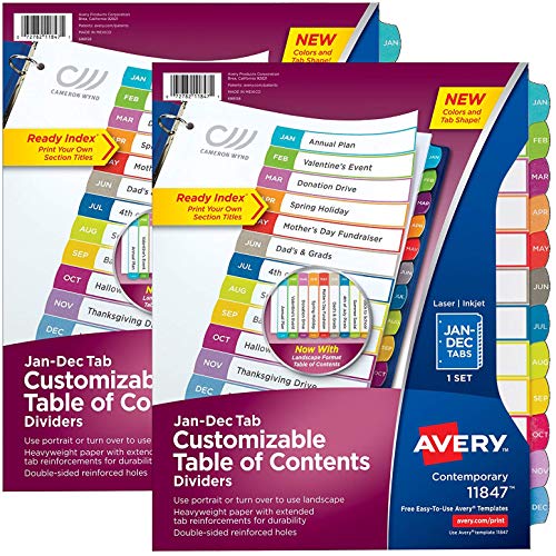 Avery 12-tab Dividers for 3 Ring Binders, Customizable Table of Contents, Multicolor Tabs, 2 Set (11847)