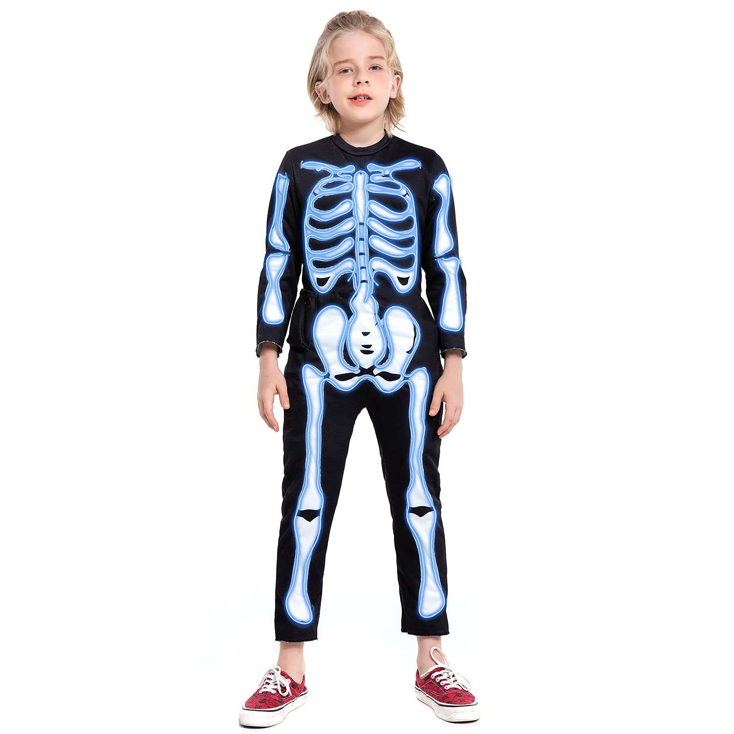 HSCTEK Light-up Child Skeleton Costume, Led Halloween Cosplay Boys Girls