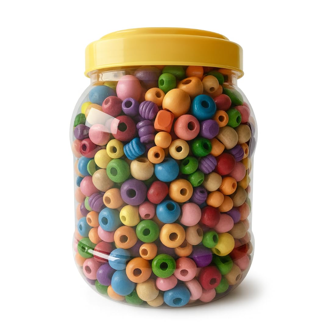 Springboard Assorted Wooden Beads (2 Litre Tub), Giant Bulk Set of Crafting Beads with Large Holes for EYFS Threading & Bracelet Making