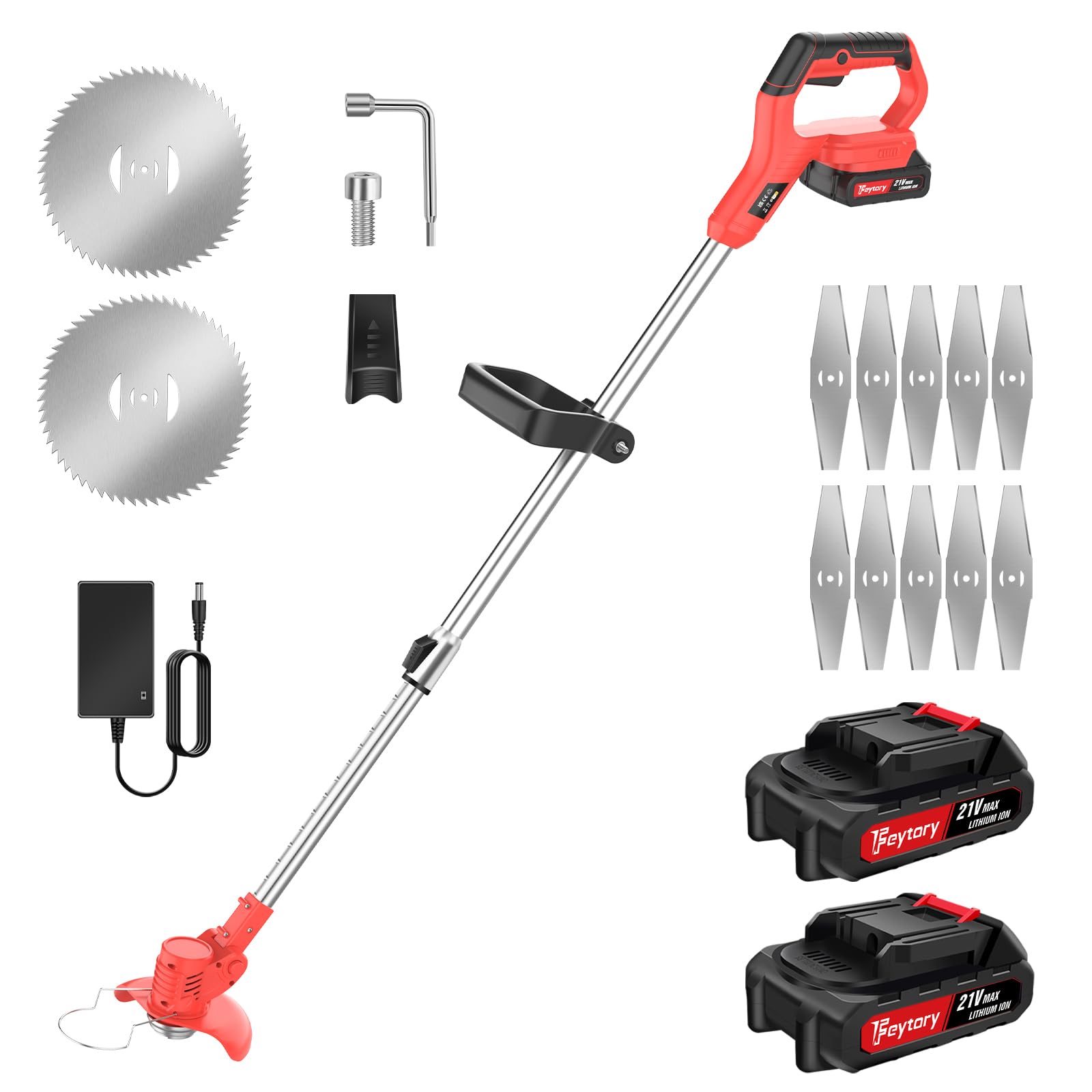 Battery Strimmers Cordless, Telescopic Electric Garden Strimmer with 10 x Metal Blades, 2 x 1500mAh Battery and Fast Charger, Adjustable Cutting Head Lawn Trimmer Grass Cutter Machine