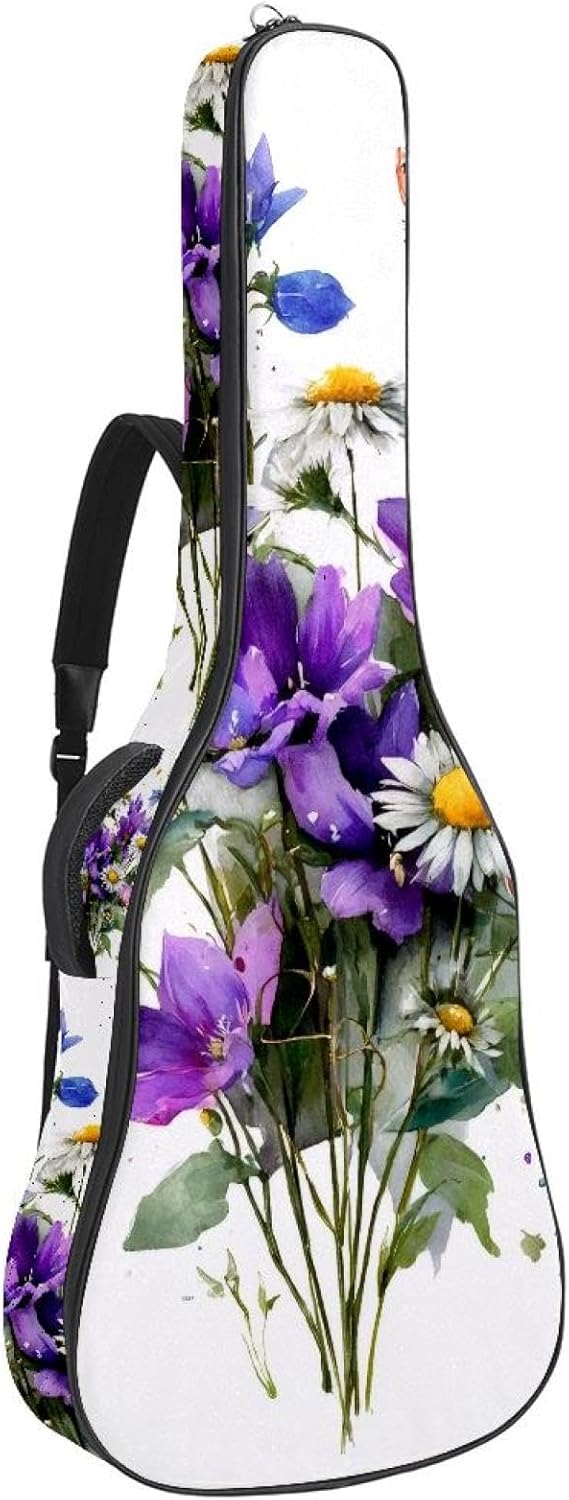 Purple Bluebell Sage and Chamomile with Butterflies Acoustic Guitar Gig Bag, 1 cm Thick Padding Waterproof Guitar Bag Backpack for 40 41 42 Inch Electric Bass Classical Guitars