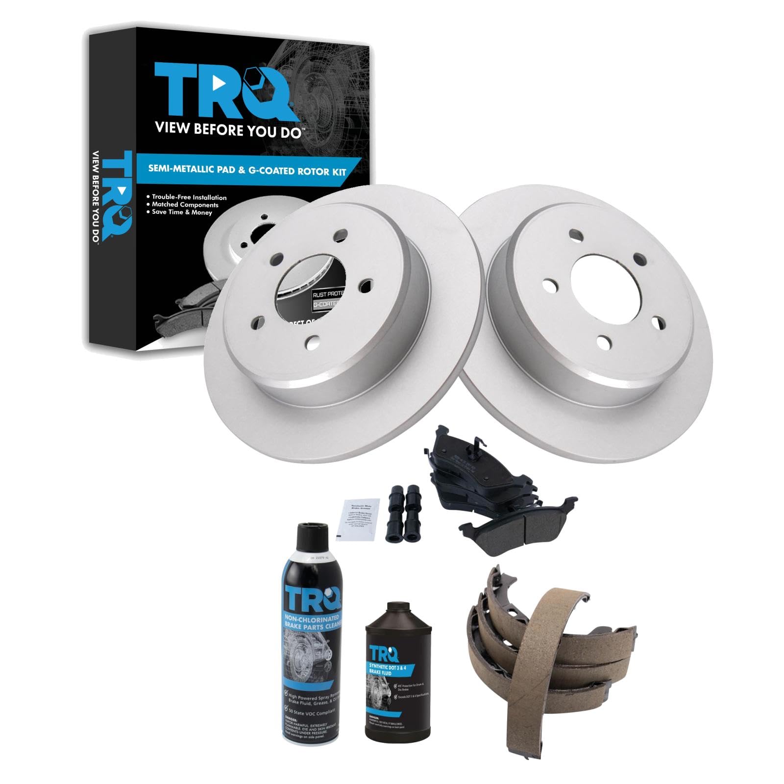 TRQ Rear Brake Pad &amp; Rotor Kit, with Chemical Kit Parking Brake Shoe Set Semi-Metallic Compatible with 2001-2007 Chrysler Town &amp; Country Dodge Caravan Grand Caravan