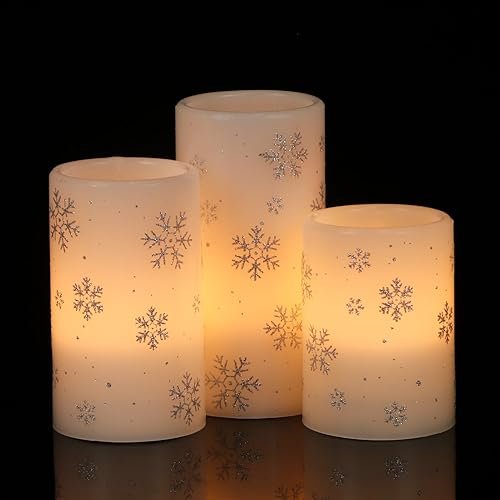 DRomance Silver Snowflake Flameless Flickering Candles Battery Operated with 6H Timer, 3 Pack Real Wax Warm Light LED Pillar Candles Dinner Tabletop Holiday Centerpiece Decor 3" x 6" - B-Silver Snowflake Timer