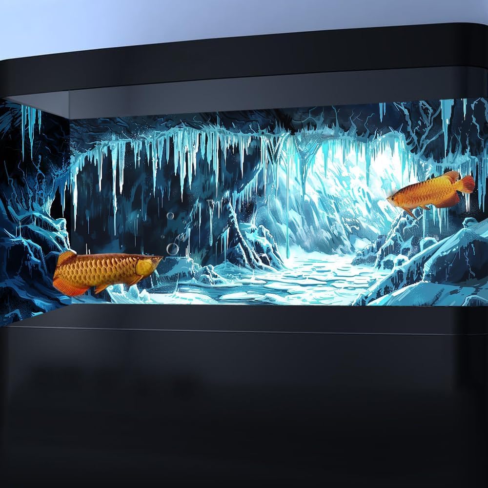 BATRUG 30X18IN Ice and Snow Background Aquarium Background, 3D Image of Underwater Fish Tank Decoration, Cave Icicle Greenery Terrarium Background with 10 EVA Double-Sided Tape