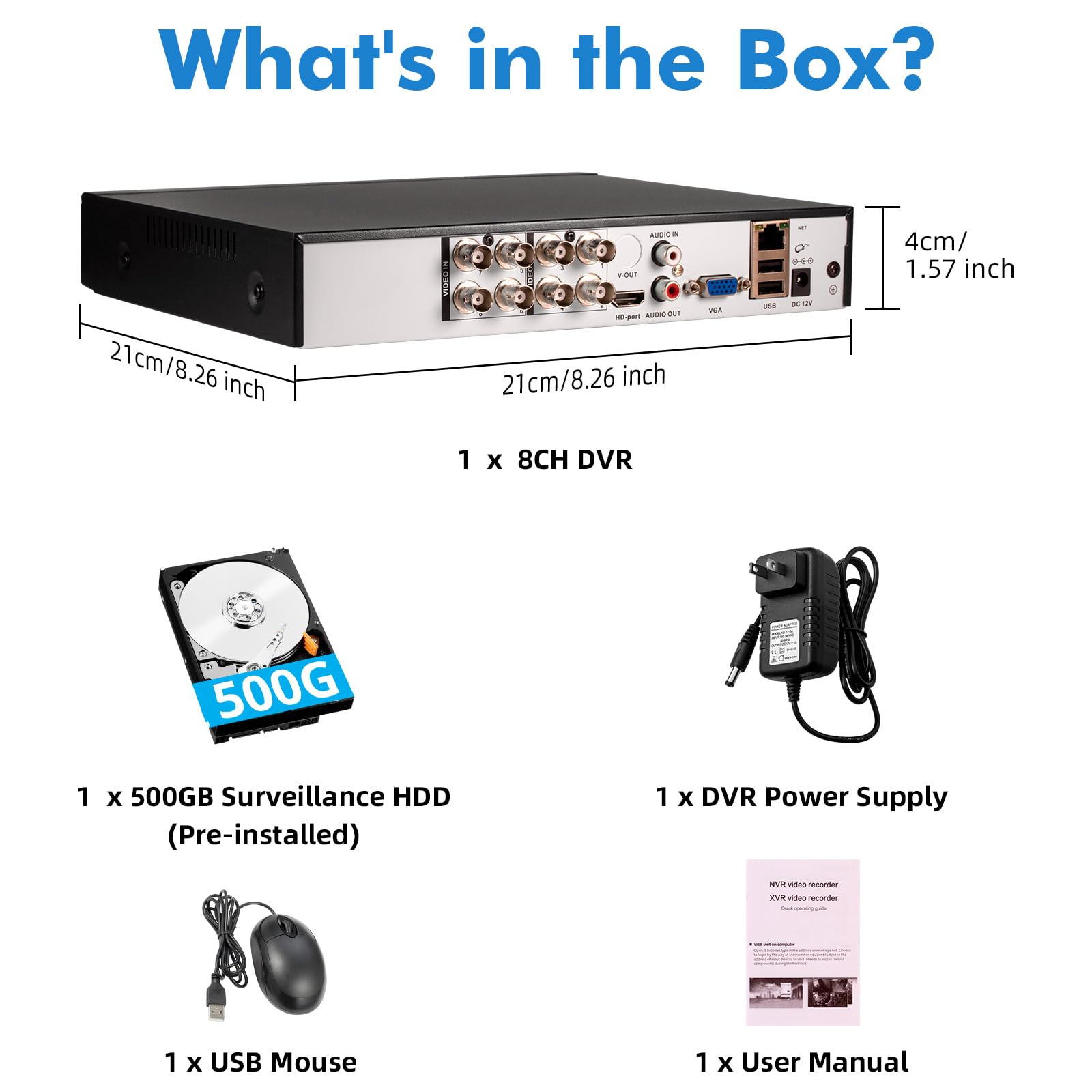Registratore DVR di sicurezza a 8 canali con HDD 500G, DVR CCTV ibrido 6 in 1 a 8 canali per telecamera di sorveglianza, supporta telecamere analogiche a 8 canali, DVR per sistema di sorveglianza