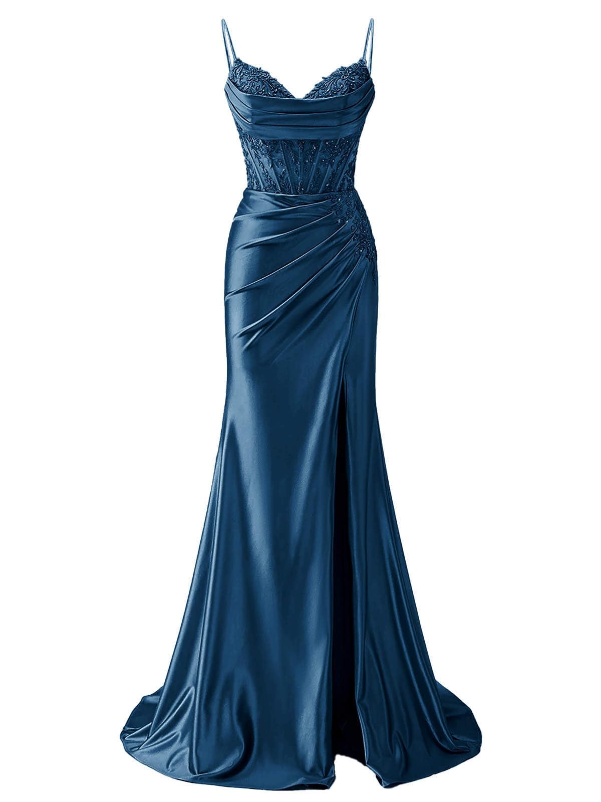 HPPEE Peacock Satin Prom Dresses for Women with Lace Applique V Neck Long Ball Gown Formal Evening Dress UK6