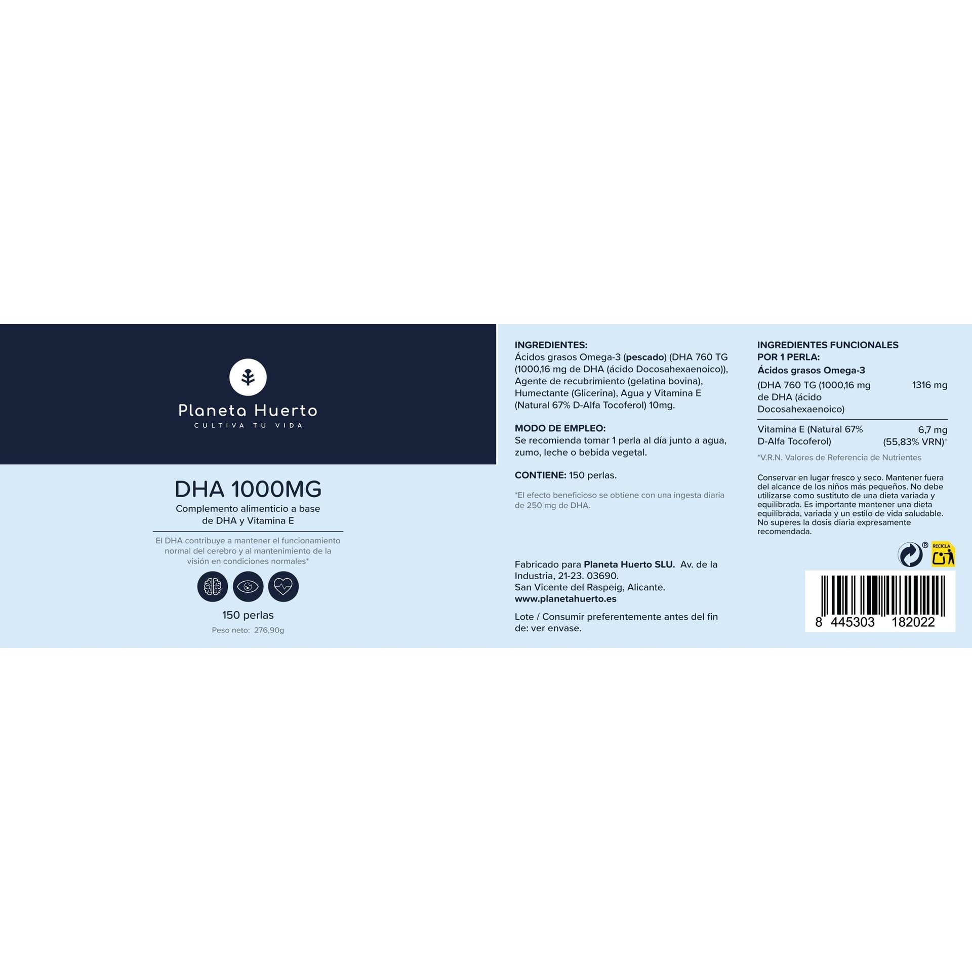 PLANETA HUERTO | Omega 3 DHA 1000 mg 150 Perlas - Omega 3 Alta Potencia para la Salud Cerebral, Visual y Fetal