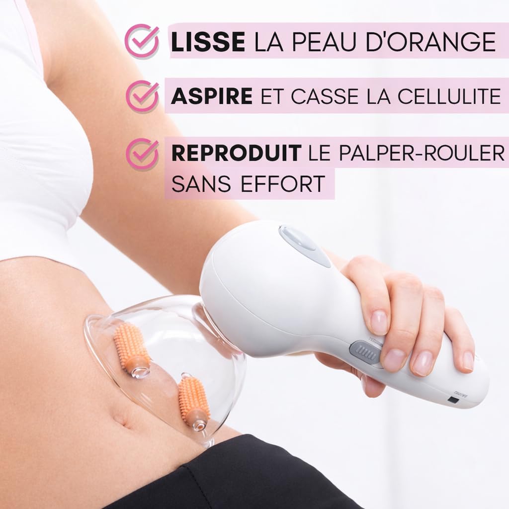 CELLUSTOP Aspirateur Anti Cellulite Électrique avec Aspiration sous Vide - Machine Palper Rouler avec 2 Ventouses Rouleaux - Massage USB Rechargeable - Blanc