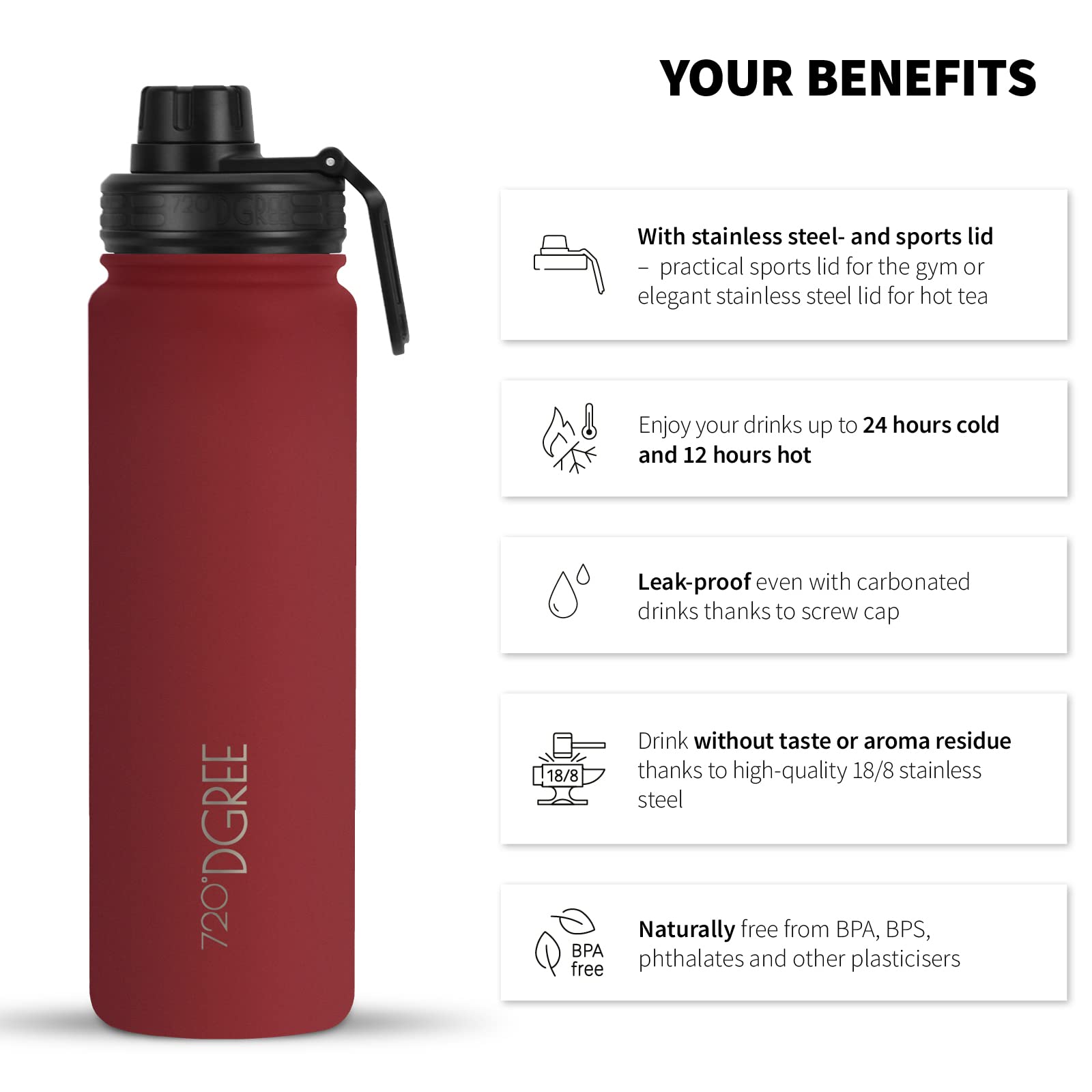 720°DGREE Bouteille Isotherme "noLimit" – 710ml | Gourde en acier inoxydable d'eau, thé, café, jus, boisson chaud ou froid | Premium de Isolée sous vide + GRATIS Sport Couvercle