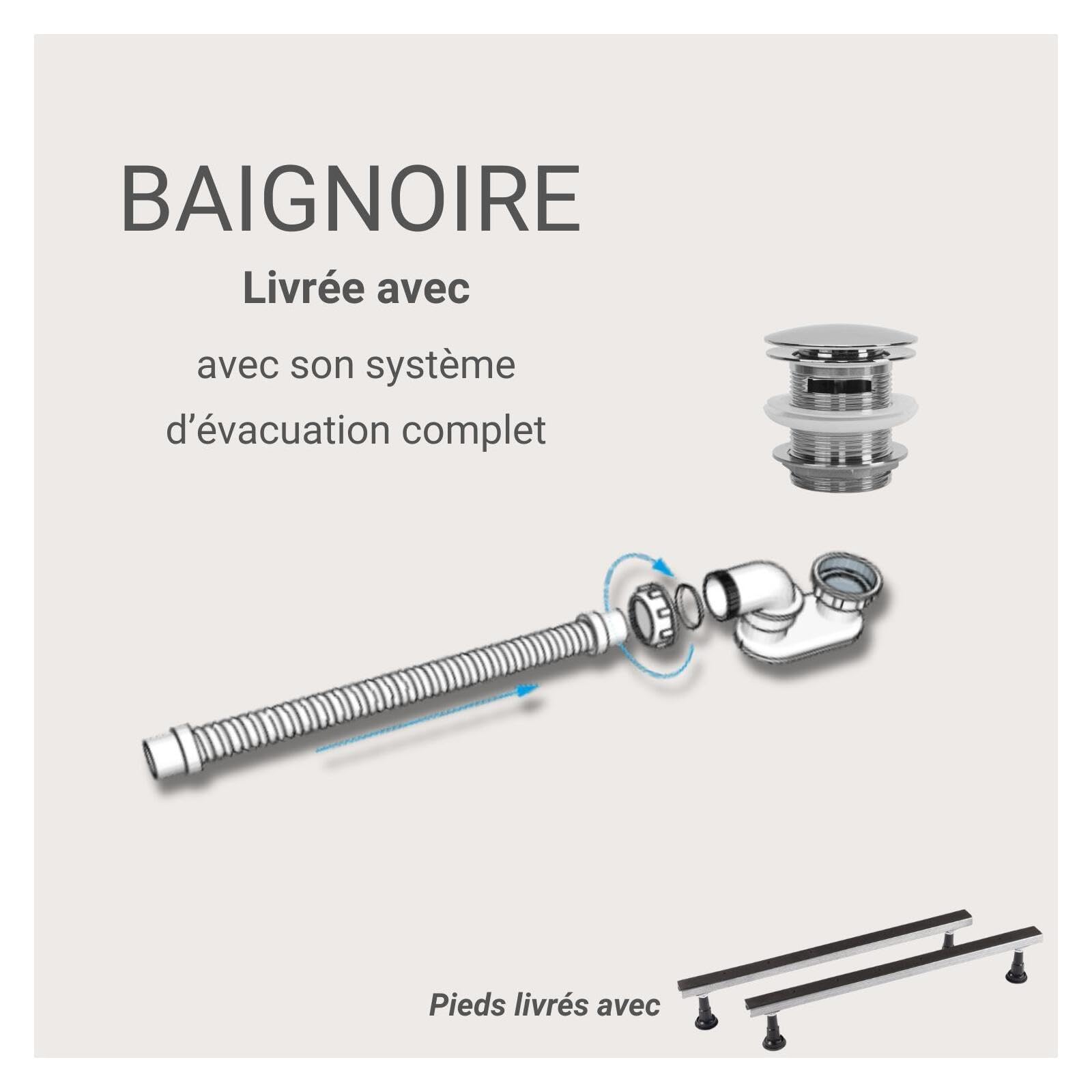 MOB-IN Baignoire striée acrylique Lucite STRIA semi-îlot blanche 170cm - Angle gauche