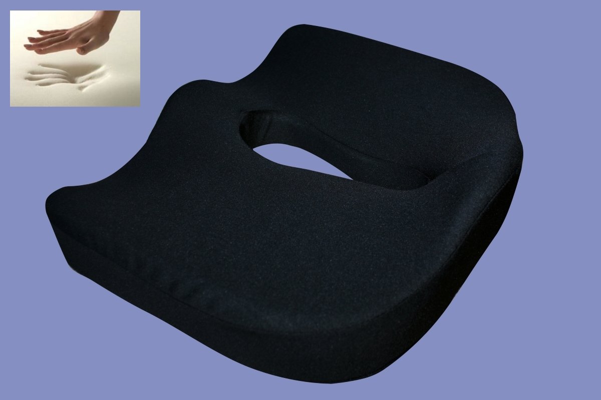 Viscoelastisches Hämorriden Sitzkissen Visco Hämorrhiden Sitzpolster schwarz 44 x 38 x 12 cm Visko Memory Schaum Steißbeinkissen Kissen gegen Schmerzen cuccyx Dekubitus Sitzauflage Reise Gelkissen