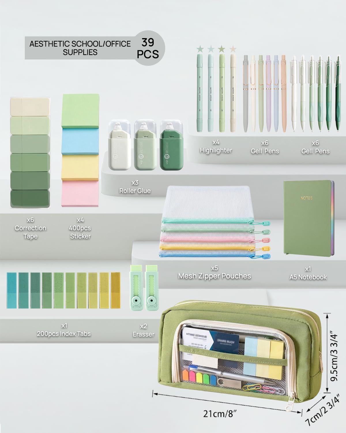 41Pcs Display Window Pencil Pouch with Large 4-Compartment, Aesthetic Big Green Pen Bag for Daily Office Working, Special Pen Organizer with Zipper for Girls and Women (Green)