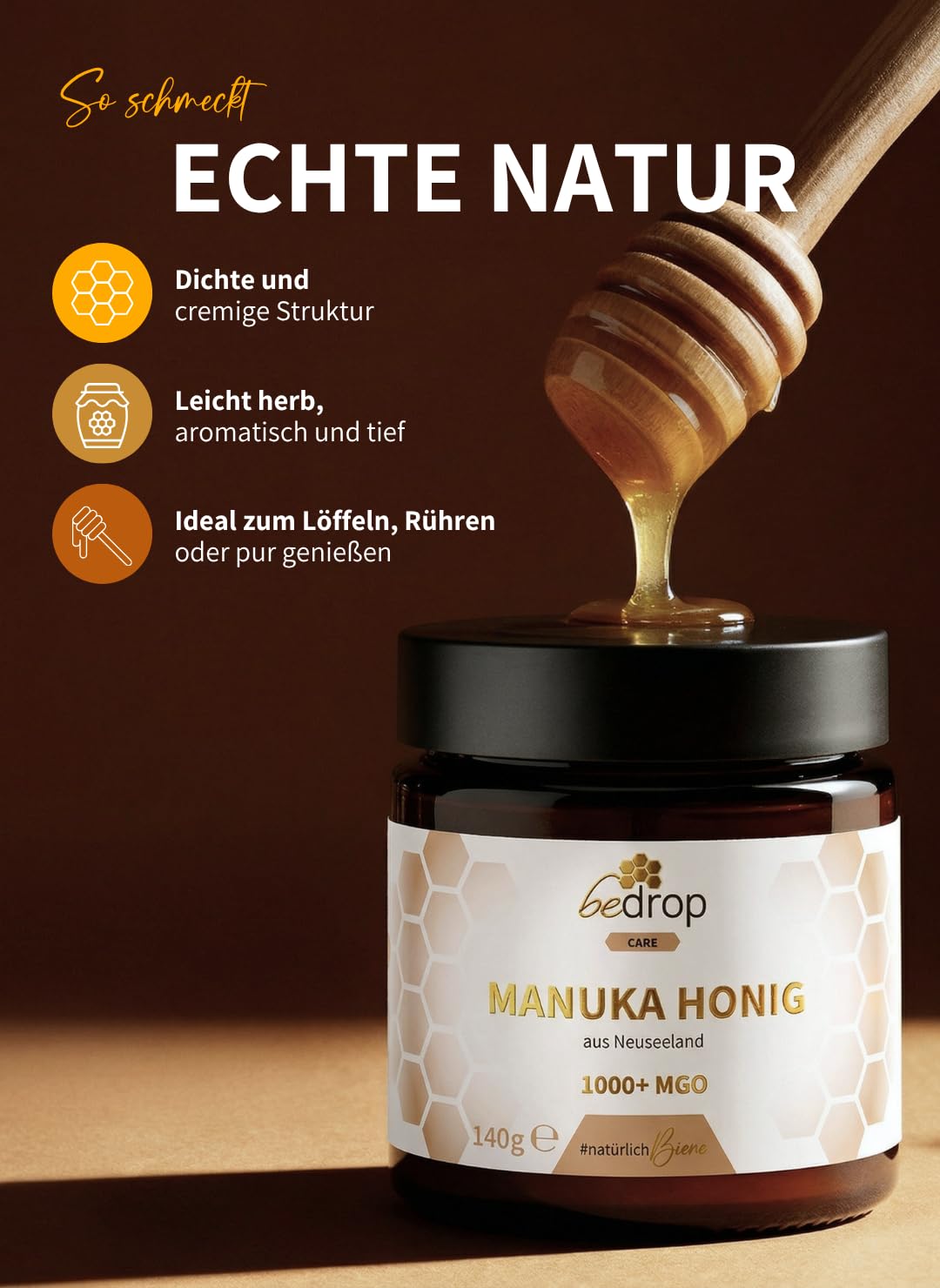 bedrop Manuka Honig mit MGO 1000+ 140g XXL Glas aus Neuseeland | 100% Premium Manukahonig I Zertifizierter MGO Gehalt I lichtgeschützter Glastiegel