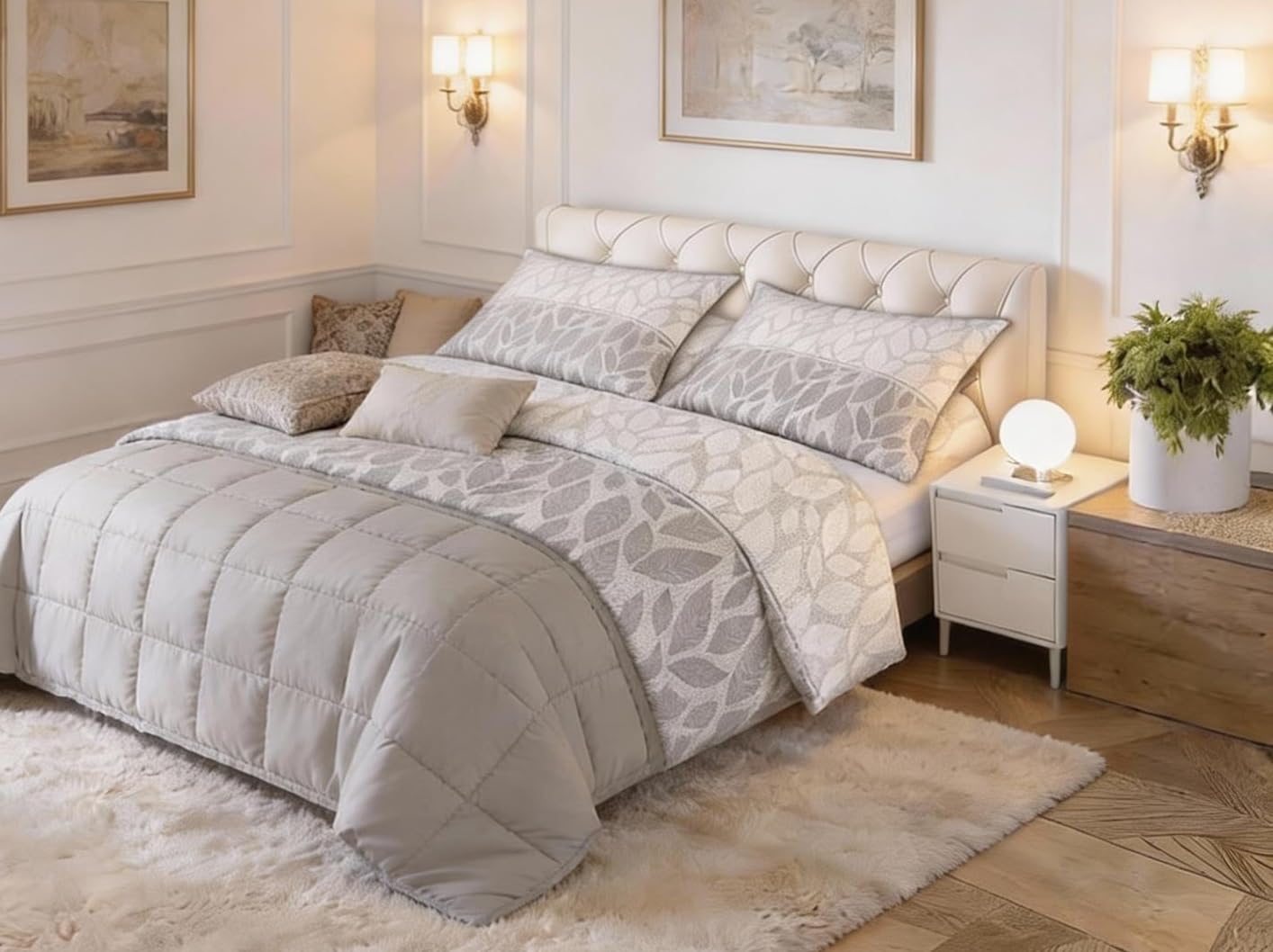 L'Emporio Casa Set Lenzuola Completo Matrimoniale di Cotone 100% Morbidissime Eleganti - Varie Fantasie (Fogliolina Grigia)