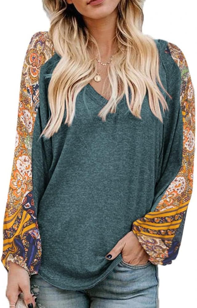 Beyove Boho Clothes for Women Bohemian Blouse Tops Lantern Sleeve V Neck Summer Shirts Plus Size Dark Green