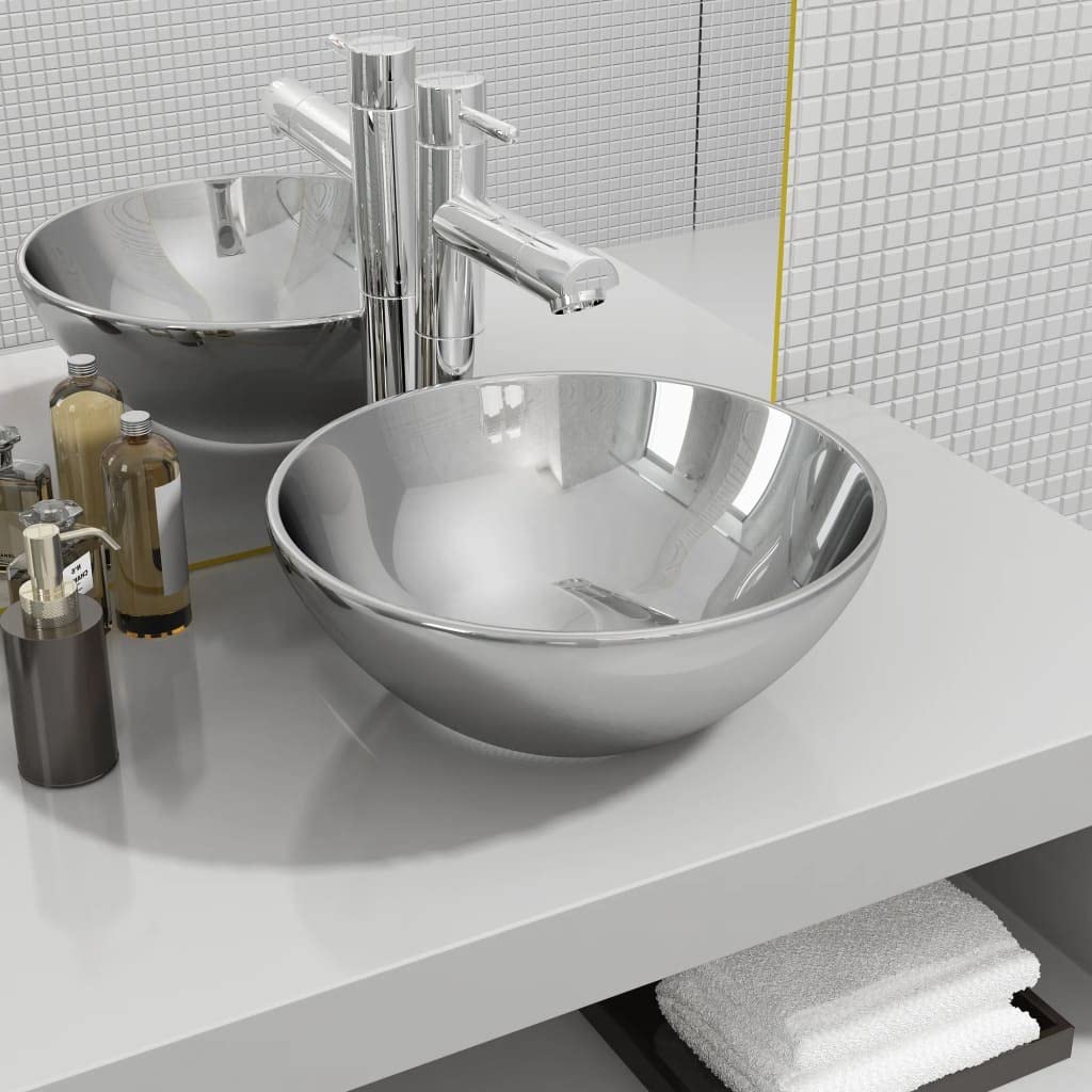 Lavabo 32,5 x 14 cm Cerámica Plata | Diseño redondo contemporáneo, acabado brillante, fácil de limpiar, para baño o vestidor