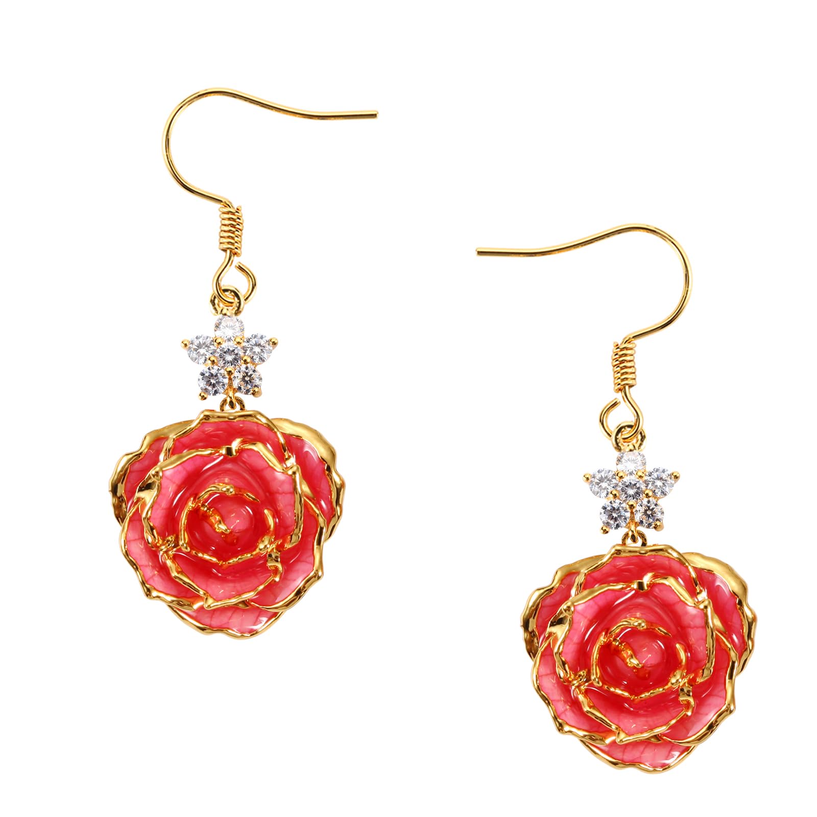 OLEKURT 24K Gold Dipped Real Rose Earrings - Dangle Drop Earrings Best Gift for Women Wife Mom Anniversary Mother's Day Birthday Valentines Day