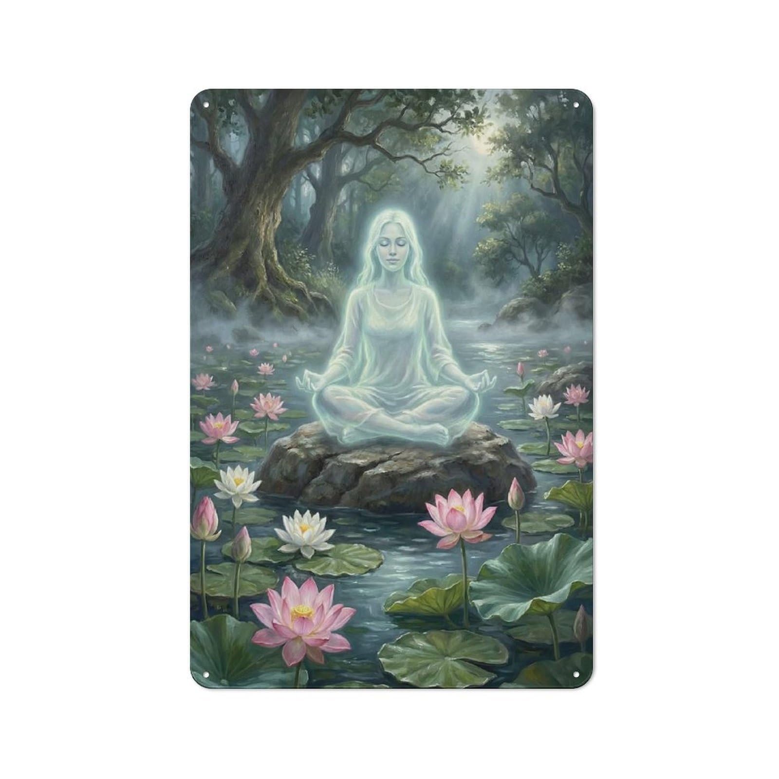 Tin Wall Sign with Serene Woman Meditating in Lotus Pond Design 30x20cm, Classic Kitchen Wall Decor for Restaurant, Kitchen, Counter Or Breakfast Nook