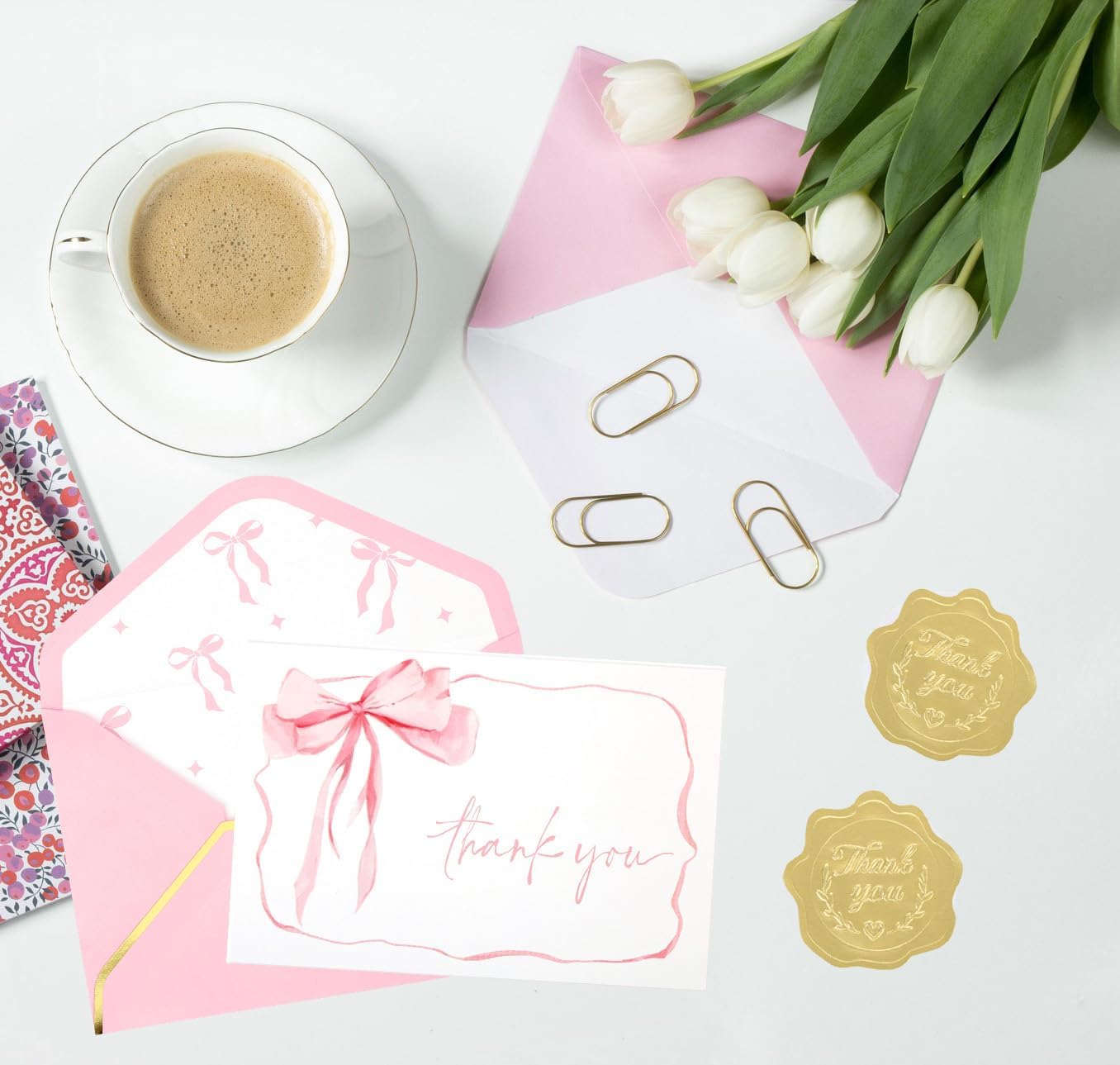 30Pack Pink Bow Thank You Cards with Envelopes Gold Foil Stickers Bow Blank Note Card Watercolor Greeting Card for Wedding Party Birthday Supplies (Pink B) - Image 2