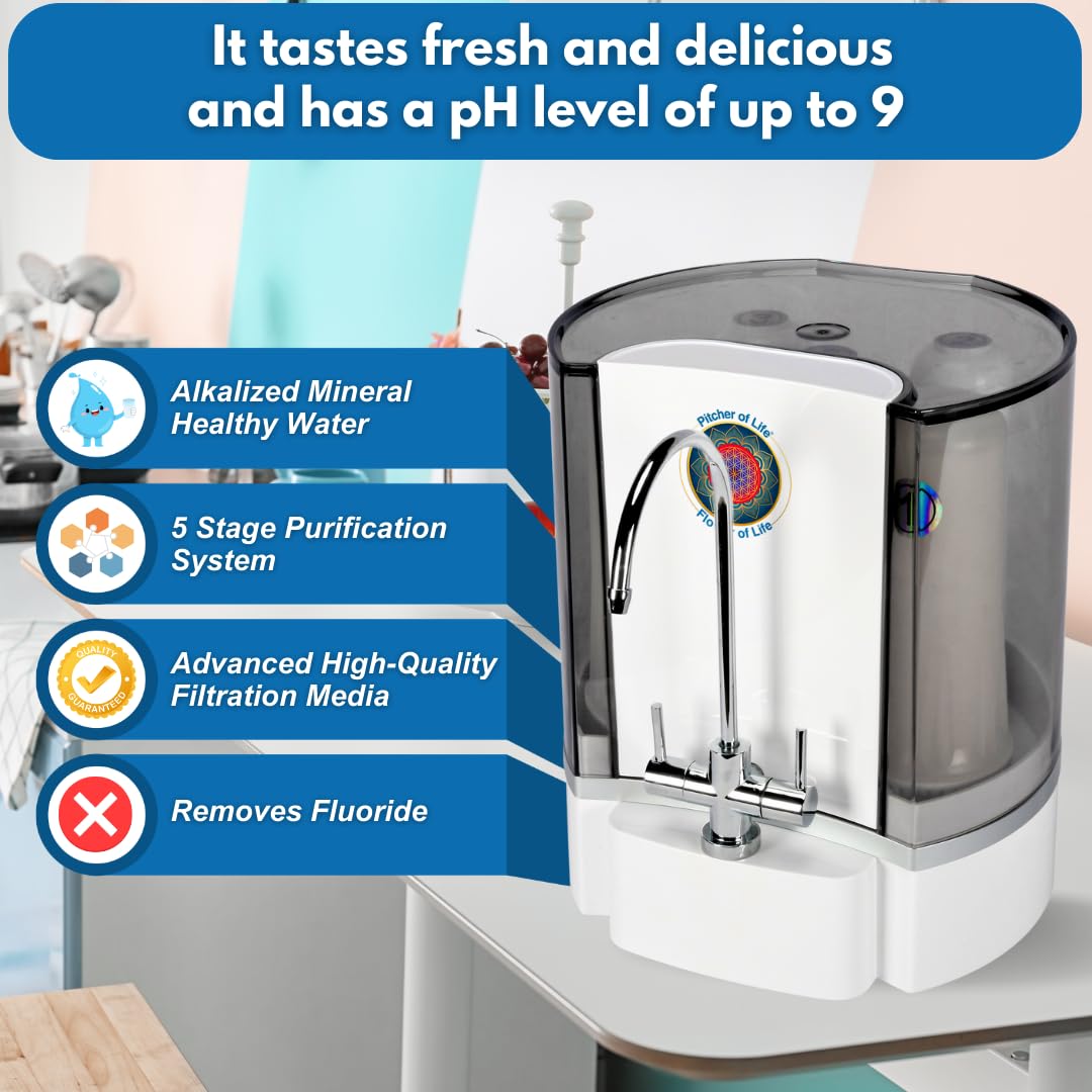 Life Sciences Alkaline Water System, Mineral Water Machine, Hydrogen Infused Water Purifier, Countertop Natural Filter with Antioxidants