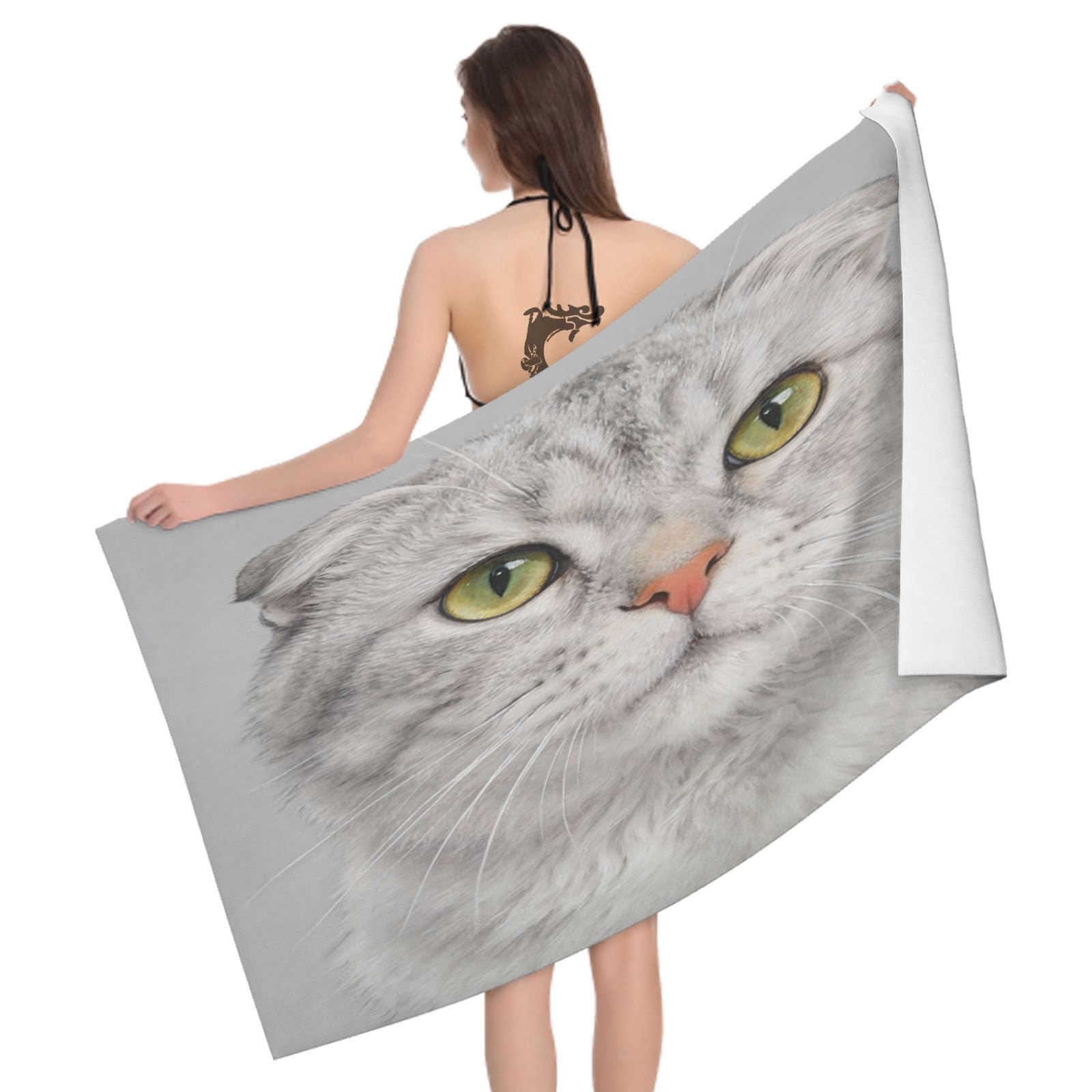 Leichong 3D Scottish Fold Beach Towel Microfiber Soft Quick Dry for Adults, Kawaii Pet Bath Towel Lightweight Soft Absorbent for Travel Swimming Pool Sports, 75 x 150 cm
