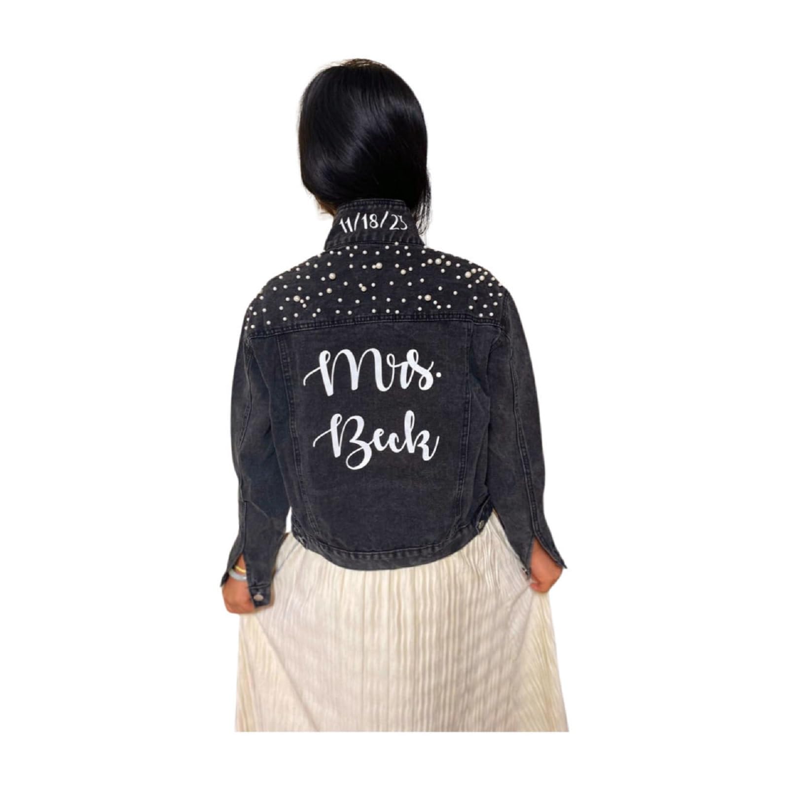 Chaqueta de mezclilla personalizada con perlas para mujer, chaqueta de mezclilla blanca con perlas, chaqueta de mezclilla para novia